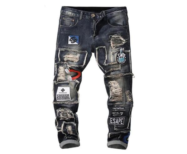 

ginzous men039s badge patchwork ripped embroidered stretch jeans trendy holes patches design slim straight denim pants71427208721382, Blue