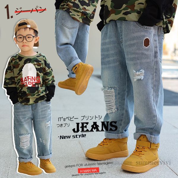 

fashion boys girls hole jeans kids cartoon applique cloth denim pants 2023 autumn children loose casual cowboy trousers z3653, Blue
