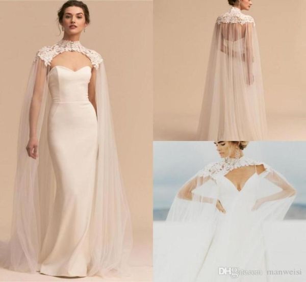 

tulle long high neck wedding cape lace jacket wrap white ivory women bridal accessories custom made lace applique64178535944274