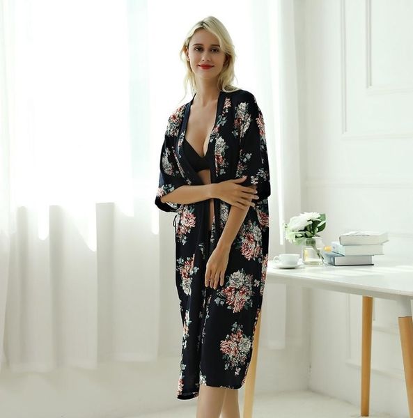 

cotton floral print sleepwear robe long bathrobe women thin dressing gowns womens kimono robes for women badjas dames 2102032622473, Black;red