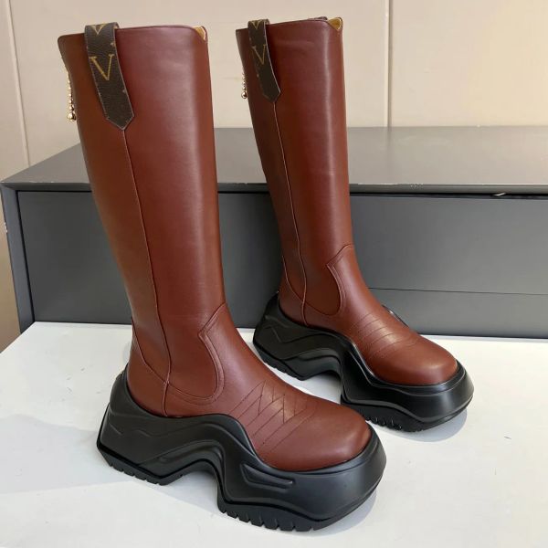 

designer boots round toe platform heels over the knee boot women luxury fashion leather cowskin sole booties casual shoes 35-42, Black