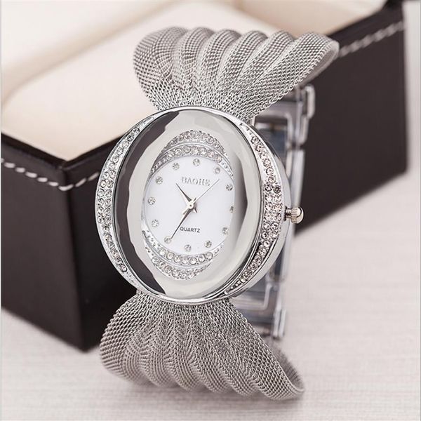 

baohe brand arrival luxurious ladies wristwatch eliptical dial wide silver mesh bracelet watch womens fashion watches quartz wrist1768, Slivery;brown