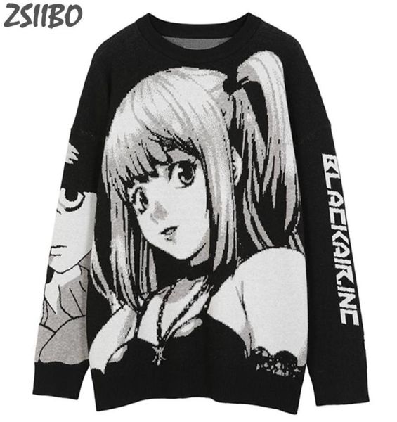 

vintage mens hiphop streetwear harajuku sweater retro japanese style anime girl knitted sweater 2021 autumn cotton pullover 7113369, White;black