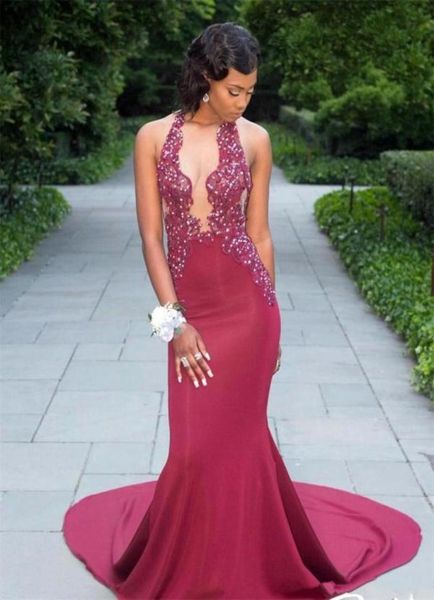 

long dark red elegant mermaid black girl prom dresses 2019 halter backless court long train stretch formal evening gowns wear3199358