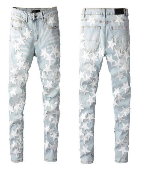 

mens jeans for guys knee ripped slim fit skinny pants star patches wearing biker denim stretch motorcycle male fit trendy long str1497701, Blue
