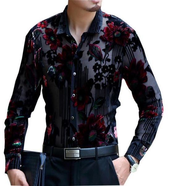 

luxury men transparent shirt club party prom male shirt frolal print wedding marriage chemise homme6310562, White;black