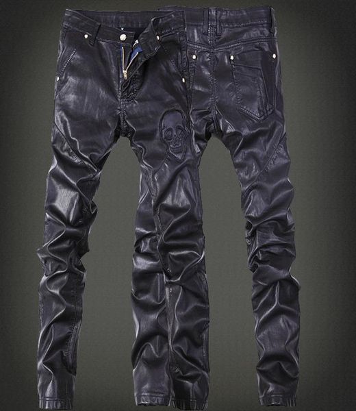 

autumn and winter black leather pants show men039s fashion locomotive jeans2205809, Blue