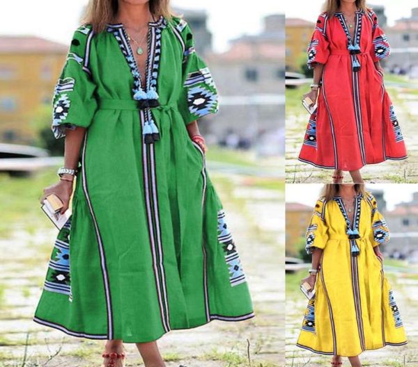 

woman dress vintage v neck 34 puff sleeve floral print tassel large hem maxi for women femme robe8533664, Black;gray