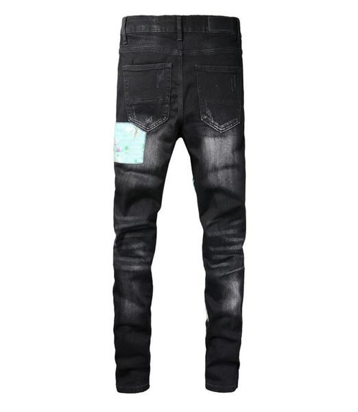 

high street trend jeans young men039s high craft ripped patch color line stretch slim fit jeans2057724, Blue