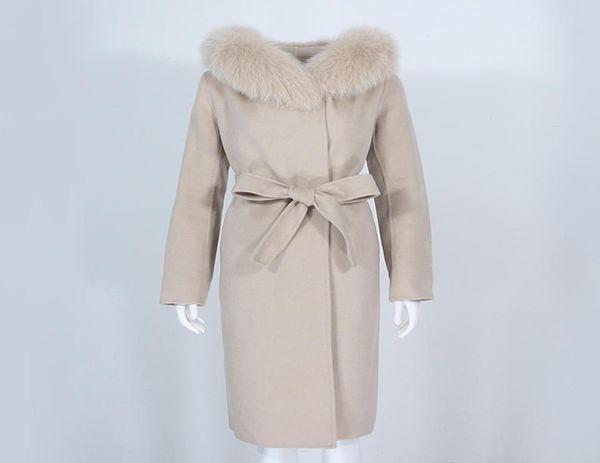 

oftbuy 2021 real fur coat winter jacket women natural fox fur collar hooded cashmere wool blends long outerwear lady streetwear8373687, Black