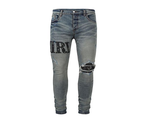 

mens jeans european and american street style washed with old design letters embroidered holes worn out by hand casual slim pants 3915969, Blue