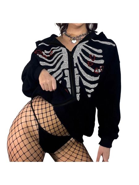 

womens hoodies sweatshirt fashion halloween coat skeleton print heart hooded long sleeve zipperup outerwear 230821, Black