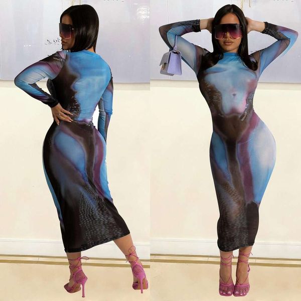 

summer womens dress net print penetrating long sleeved, Black;gray