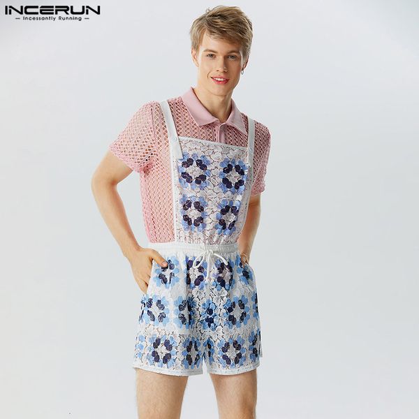 

men's shorts stylish selling shorts incerun men's tracery lace printing rompers casual streetwear comfortable shorts jumpsuits s-5, White;black