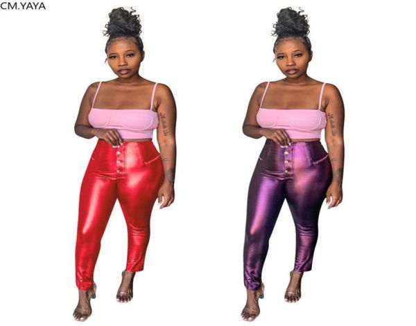 

women pants spring high waist button pu leather night club wear solid color ankle length leggings women9320215, Black;white