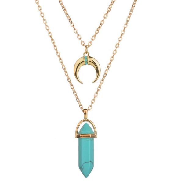 

new luxury womens gold plated double chain colorful natural stone pendant necklace7830576, Silver