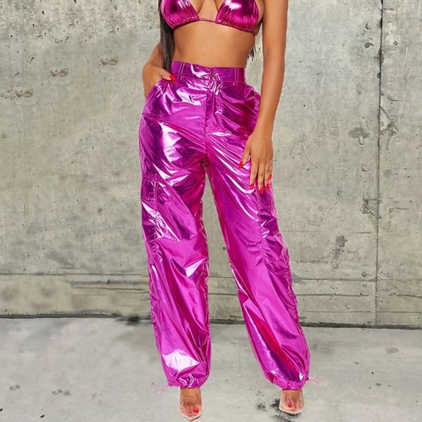 

women s pants s metallic gilding cargo women y2k streetwear elastic high waist button pockets drawstring cuff sweatpants street trousers 230, Black;white