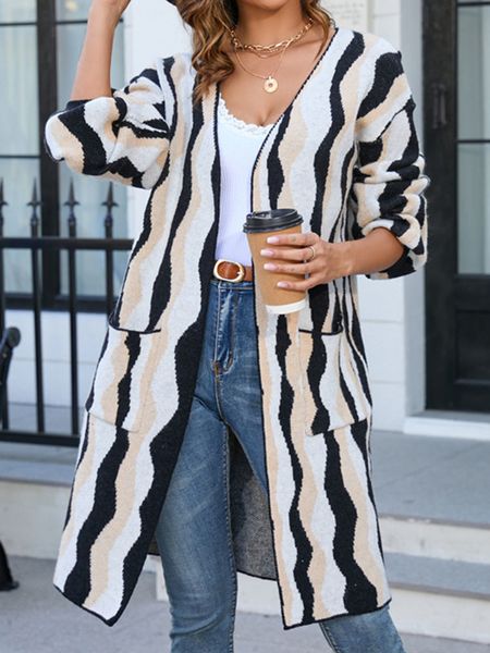 

womens knits tees knitted long cardigan women fashion elegant stripe sweater autumn winter casual warm knitwear female vintage loose coat 23, White