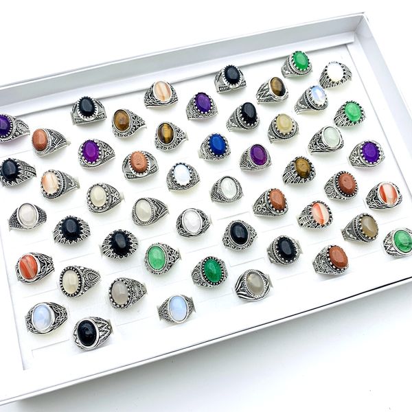

wholesale 50pcs retro rings for men women silver plated natural stone fashion jewelry accessories with a display box, Golden;silver