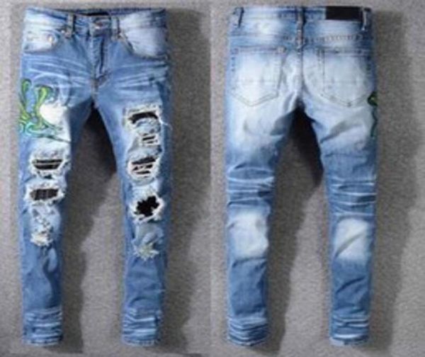 

clothing men039s jeans pants men women t shirts panther print army green destroyed mens slim denim straight biker skinny jeans 6388661, Blue