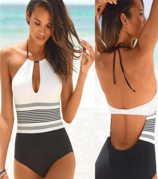 

women039s swimwear women swimsuit hanging neck horizontal stripes hit color siamese bikini onepiece backless summer slim 9090640, White;black