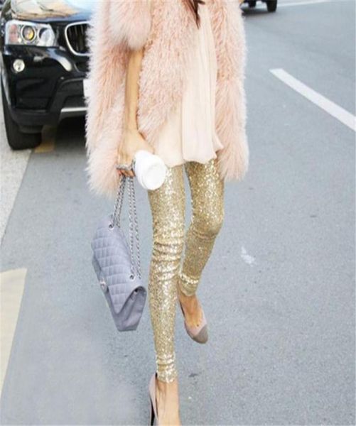 

whole 2017 leggings women sequins slim pencil pants fitness trousers black golden silvery2285794