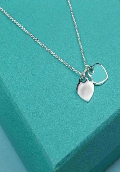 

chains s925 sterling silver necklace fashion blue double heart enamel ladies exquisite jewelry gifts7132570