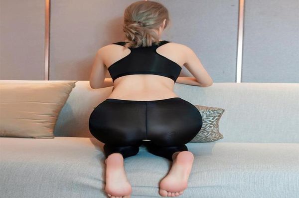 

ice silk transparent women erotic costume open crotch see through pencil pants fitness vest high elastic bedroom yoga women9351043, White