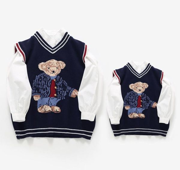 

family matching outfits autumn parent child vest sweater for kids bear knit dad mom and son daughter christmas knitted cardiga4232786, Blue