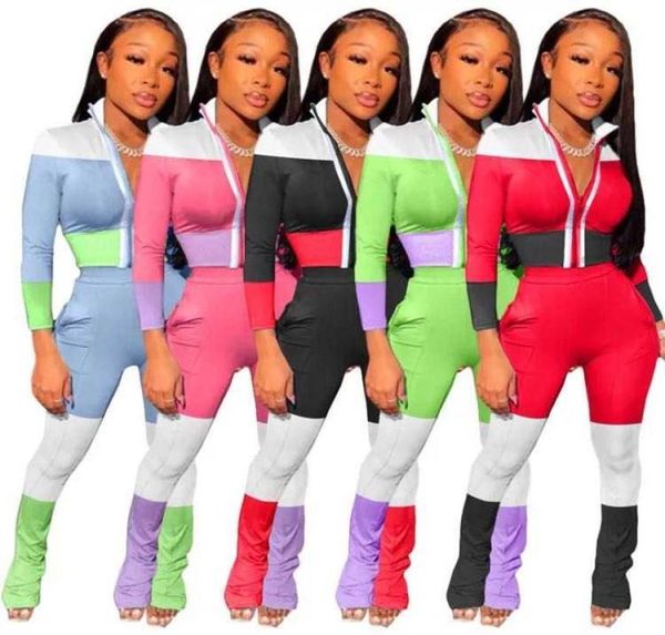 

women039s tracksuits fall women two piece tracksuit set patchwork long sleeve block zipper bodycon pant outfits jogger9395074, Gray