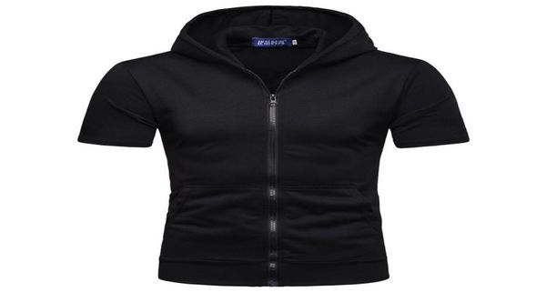 

men039s short sleeved hoodies solid zipper hoodie with pockets casual sweatshirts daily street shortsleeve jackets1567473, Black