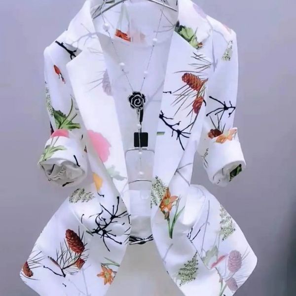 

women's suits & blazers floral print sunscreen slim cardigan thin for women coat elegant three quarter office lady autumn jacket, White;black