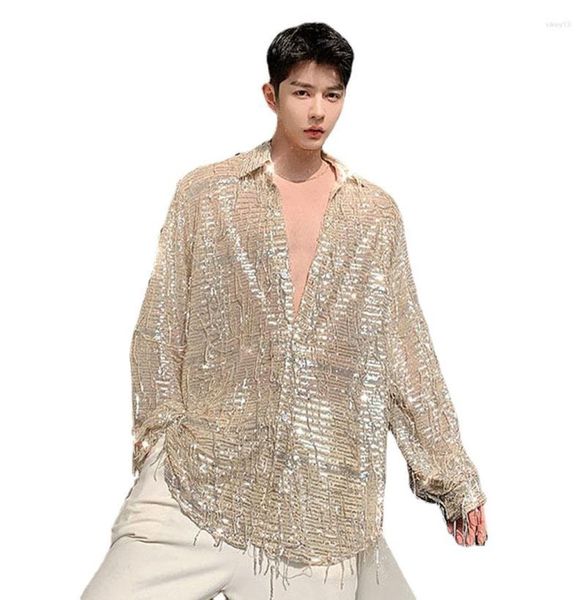 

men039s casual shirts men see through long sleeve tassel sequins shirt male retro fashion streetwear loose dress stage show clo9868342, White;black