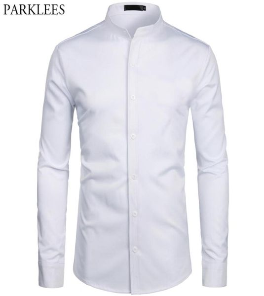 

white banded collar dress shirt men slim fit long sleeve casual button down shirts mens business office work chemise homme s2xl7856180, White;black