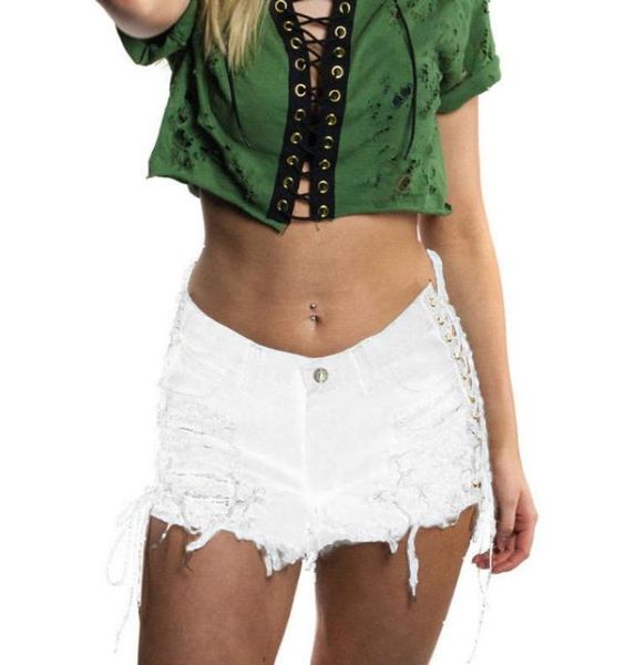 

white laceup side destroy ripped denim shorts summer high street mid waist pocket jeans shorts casual women denim8321121, Blue