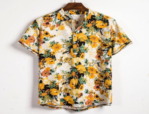 

summer men yellow flower print shirts 2020 brand hawaiian shirt short sleeve stand collar shirt casual slim fit chemise homme1415796, White;black