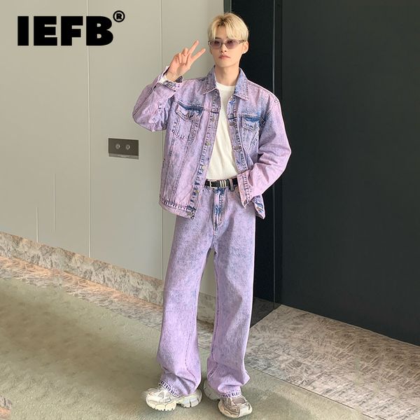 

men s tracksuits iefb sets niche washed vintage shoulder pad denim jacket loose casual two piece suits high street trend baggy jeans 9c1667, Gray