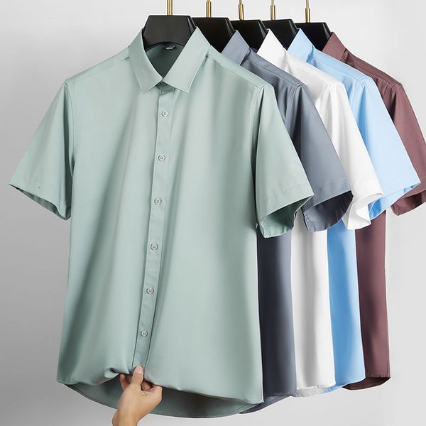 

men's casual shirts 2023 summer bamboo fiber shortsleeved shirt business slim elastic formal solid color antiwrinkle 230822, White;black