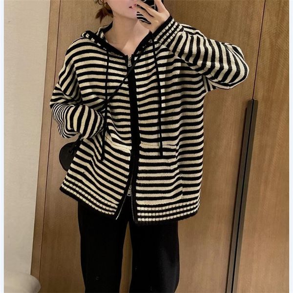 

women's knits tees patchwork easy matching long sleeve sweater cardigan mujer autumn spring striped hooded zip soft 230821, White
