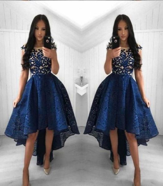 

2022 navy blue plus size cocktail dresses jewel neck illusion lace appliques cap sleeves high low short prom dress homecoming4368182, Black