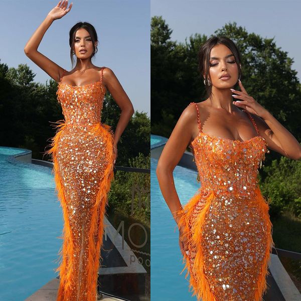 

glitter sequined evening gown elegant spaghetti straps crystal mermaid dresses floor length feather prom dress formal, Black;red
