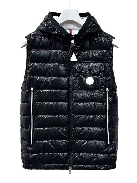 

chest pocket badge mens down vest brim letter men gilet long zipper pockets hooded down vest winter warm gilets size 1--5, Black;white