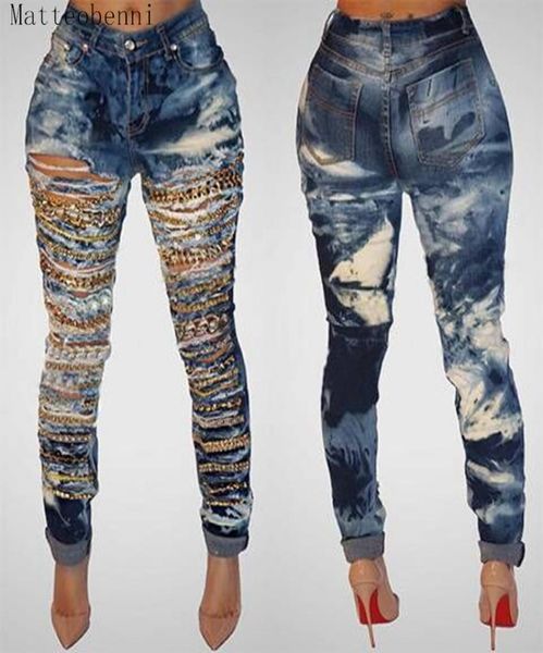 

skinny ripped tassel jeans women denim pants hole destroyed knee pencil casual boyfriend jeans stretch mom with chain4992571, Blue