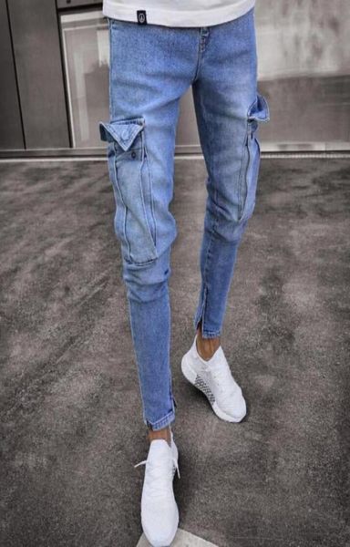 

mens jeans ripped pocket blue solid color denim pants mens slim fashion high street biker jeans male long trousers pencil pants je1390672
