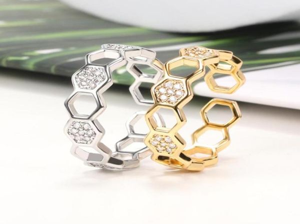 

wedding rings hexagon honeycomb for women crystal jewelry adjustable geometry ring bague femme 20212497443, Slivery;golden