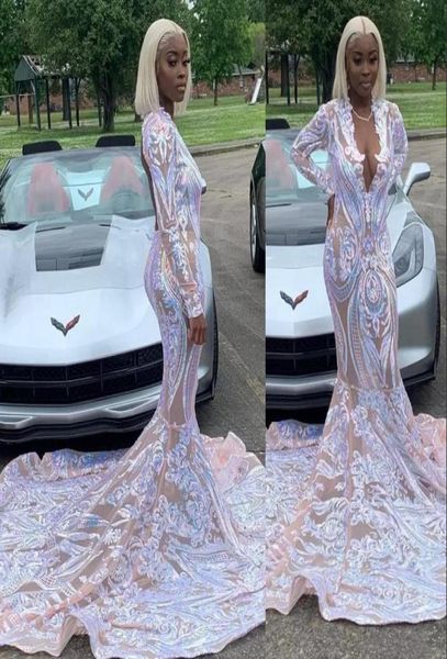

2022 sparkly illusion sequined lace evening dresses deep v neck long sleeves prom gowns custom made birthday party wear open 6633928, Black;red