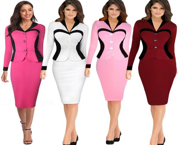 

business female office dress party work pencil sheath elegant ladies illusion patchwork buttons office lady women dress7988482, Black;gray