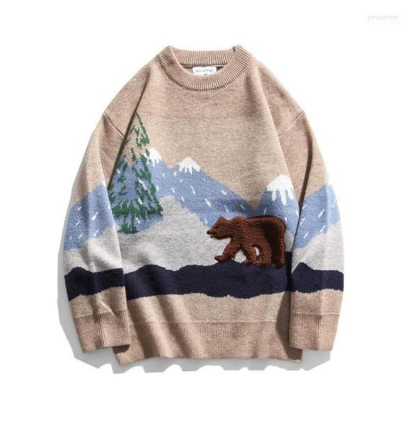 

men039s sweaters snow mountain bear embroidery knitted jumper streetwear mens hip hop harajuku casual knitwear fashion knit 817277, White;black