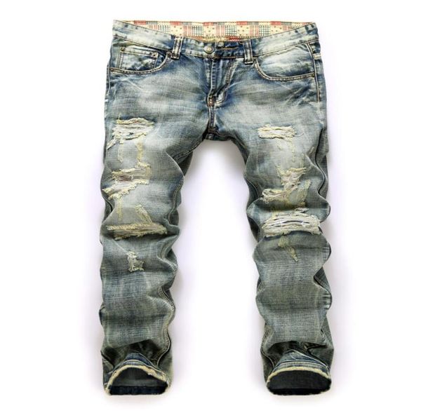 

fashion men straight denim jeans trousers slim casual ripped hole jean pants skinny pants high waist8498265, Blue