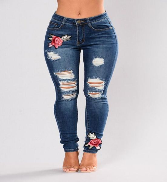 

stretch embroidered jeans for woman elastic flower jeans female slim denim pants hole ripped rose pattern9762740, Blue